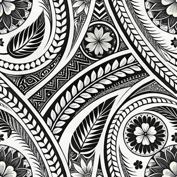 Seamless Polynesian tattoo pattern with flowers, leaves, and turtle