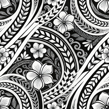 Seamless Polynesian tattoo pattern with flowers, leaves, and turtle