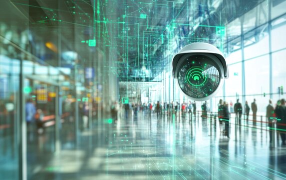 Security camera in a modern building with digital network overlay.