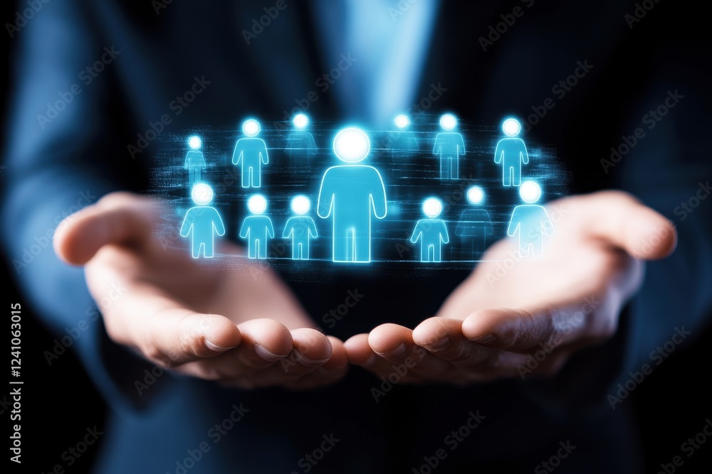 Poster hands holding digital icons representing people in a network of connection and community for teamwor