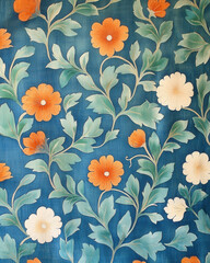 Vibrant floral pattern with orange and white flowers on blue background