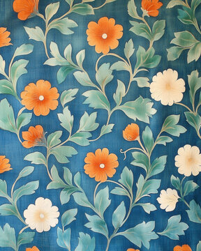 Vibrant floral pattern with orange and white flowers on blue background