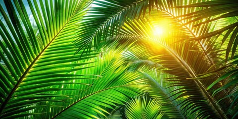 Warm sunlight filters through lush green palm tree leaves creating a beautiful shaded effect , summer sun, natural light