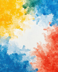 Bright abstract painting with vibrant colors of yellow, blue, green, and red