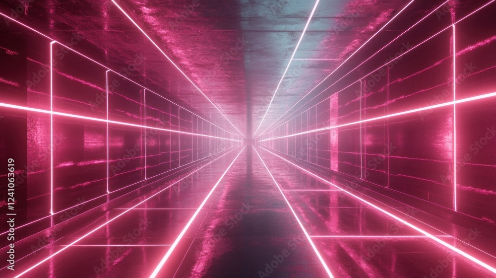 Poster seamless digital network design with interconnected lines in a pink hued tunnel perspective