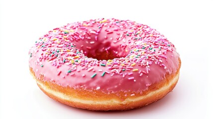 Vibrant Pink Frosted Donut with Colorful Sprinkles on White Background Ideal for Confectionery and Dessert Themes