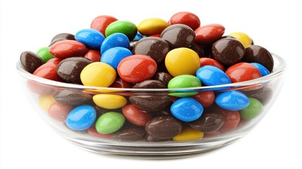 Colorful Candy Bowl with Chocolate Coated Confections in a Clear Glass Dish for Sweet Treat Lovers