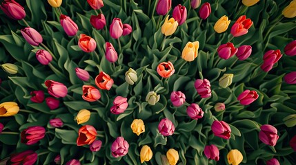 View from the sky of colorful tulip fields in spring. Top view