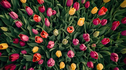 Fototapeten View from the sky of colorful tulip fields in spring. Top view © Yevhen