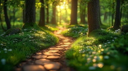 Sunlit forest path, spring flowers, tranquility, nature escape, background ideal for meditation