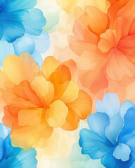 Vibrant floral pattern with soft hues of orange, blue, and yellow flowers