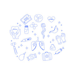 Hand-drawn medical doodles featuring health symbols and equipment.