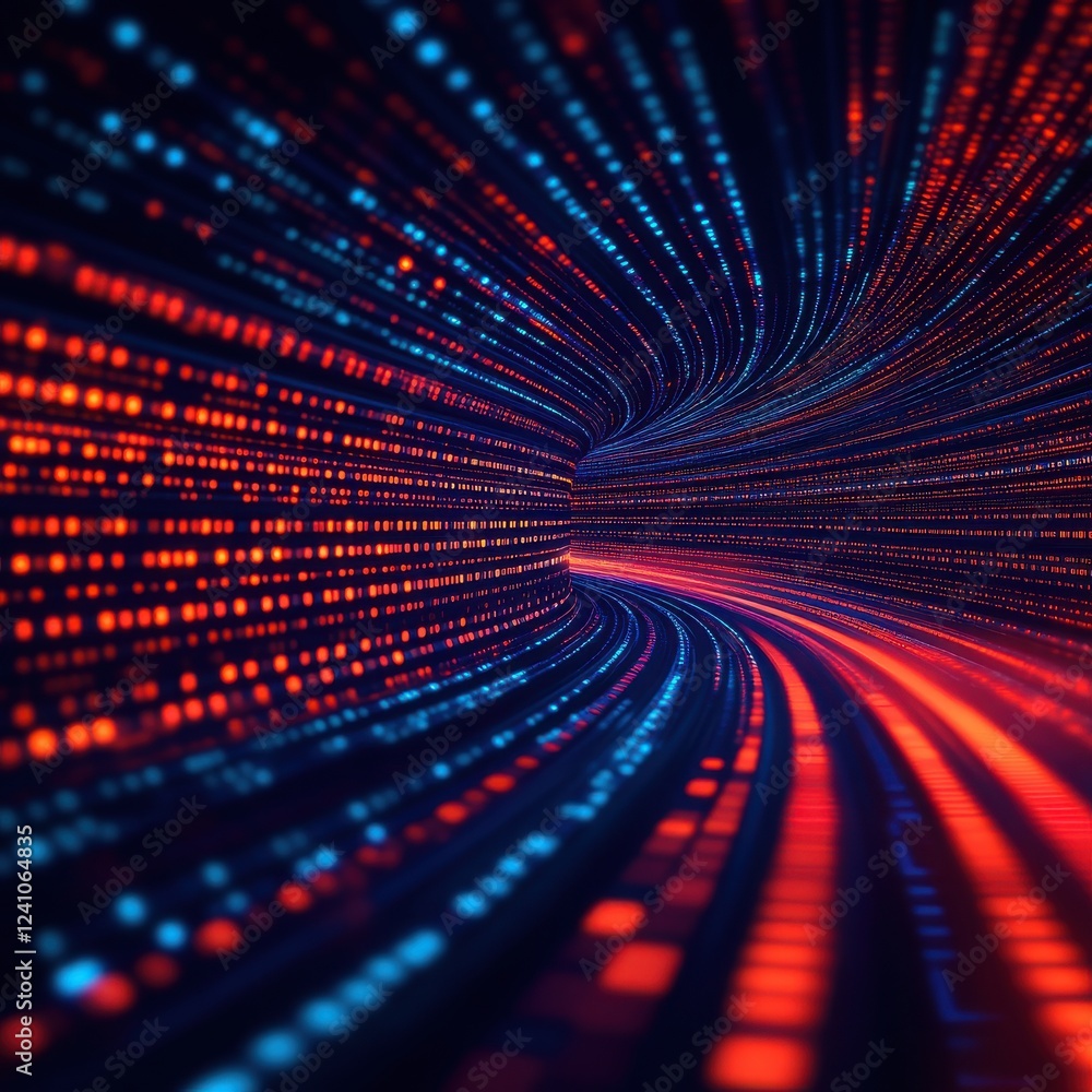 Aufkleber an abstract representation of digital data flowing through a glowing tunnel of red and blue lights.