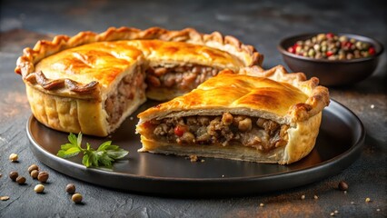 Pie with Sliced Meat and Ground Beef on Dark Plate, home cooked meal, flaky pastry,  home cooked meal