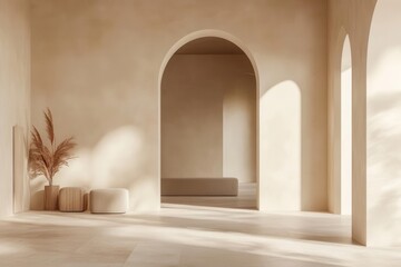 Fototapeta premium contemporary minimalist interior with beige tones, 3d rendered room mockup featuring clean lines, soft shadows, and architectural simplicity