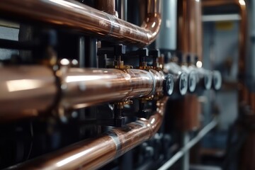 Naklejka premium copper pipelines of a heating system in a boiler room, showcasing plumbing service work with a focus on industrial elements and practical utility