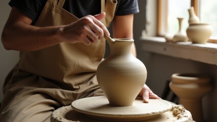 A skilled ceramic artist shaping clay on a pottery wheel in a sunlit workshop, creating a beautiful vase