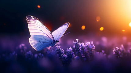 A beautiful white butterfly perched on blooming lavender flowers, illuminated by a warm sunset glow.