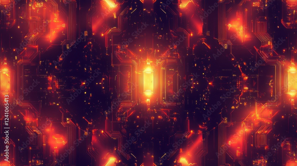 Poster glowing red and orange circuit pattern seamless digital technology background