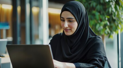 Young entrepreneur wearing hijab working or study  remotely in a busy cafe