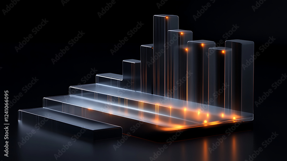 Poster a sleek, modern visualization of a bar graph with illuminated elements, representing growth or data 