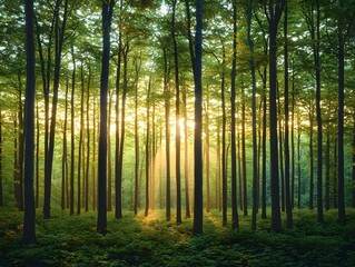 Fototapeta premium A serene forest scene showcasing tall trees bathed in soft morning light, with sunlight filtering through the vibrant green leaves, creating a peaceful, ethereal atmosphere.