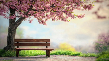 Fototapeta premium Serene Outdoor Park Scene with Wooden Bench Framed by Blooming Cherry Blossoms and Vibrant Flowers in Springtime