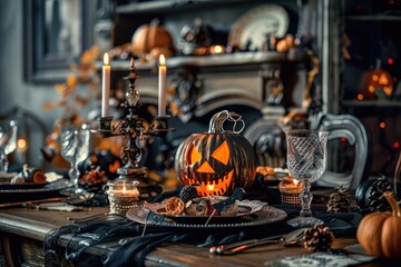 Fototapeta premium Eerie Halloween Dinner Table with Skull, Pumpkins, and Candles
