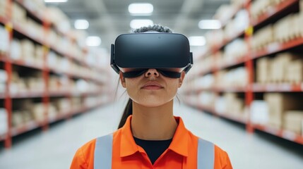 Worker Using Augmented Reality Glasses to Locate Items in Large Storage Facility with Advanced Inventory Tools and Automation Technology for Efficient Inventory Management and Supply Chain
