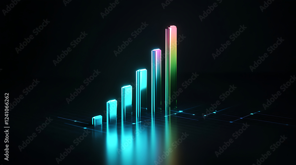 Poster a vibrant bar graph with glowing segments in various colors rises against a dark background, symboli