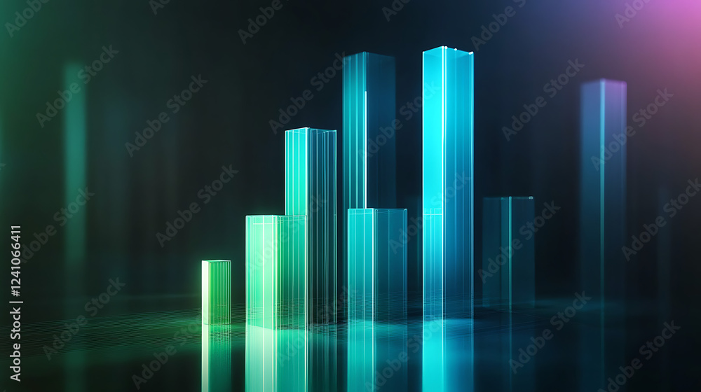 Poster a vibrant, abstract representation of data visualization with glowing bars in various heights and sh