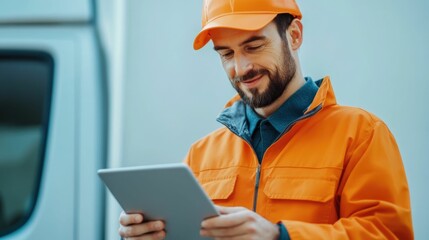 Professional Driver Utilizing Cutting Edge Tablet Technology for Real Time Fleet Monitoring and Management within the Logistics and Transportation Industry