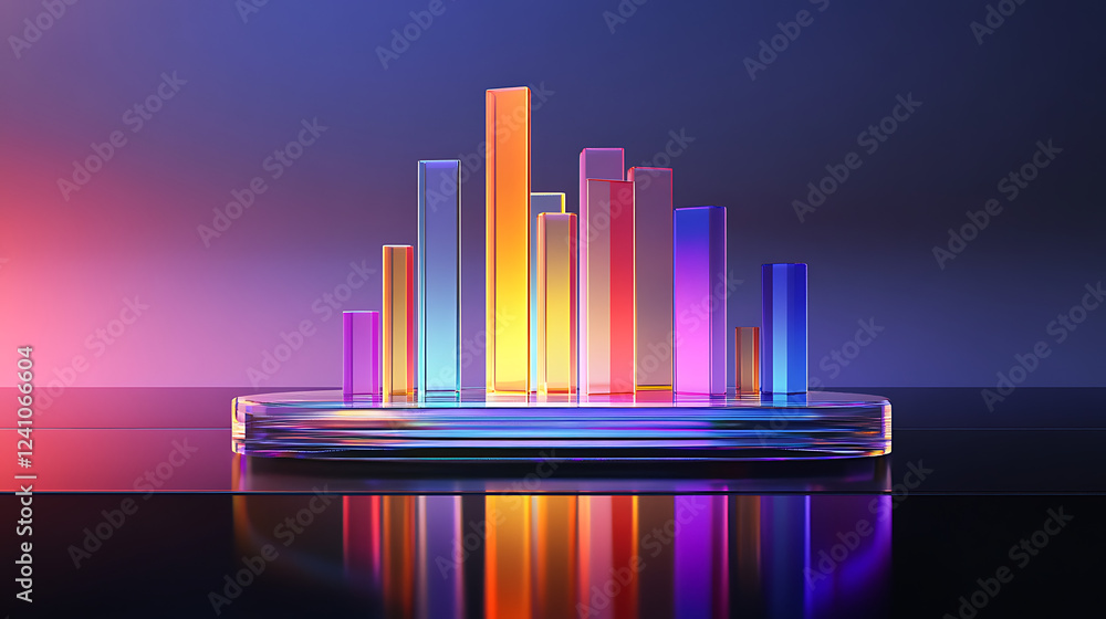 Poster a vibrant, illuminated bar graph displays colorful bars on a reflective surface, set against a gradi
