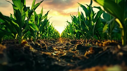 Sunlit cornfield at sunset with rows of green crops and warm light