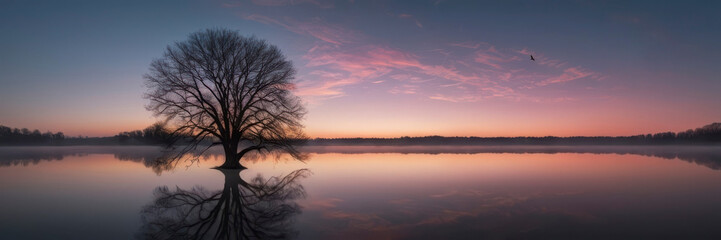 Obraz premium A panorama of a spring morning landscape on a lake with mist, , where nature embodies divine stillness. The calm, smooth lake reflects the golden pink hues of sunrise.