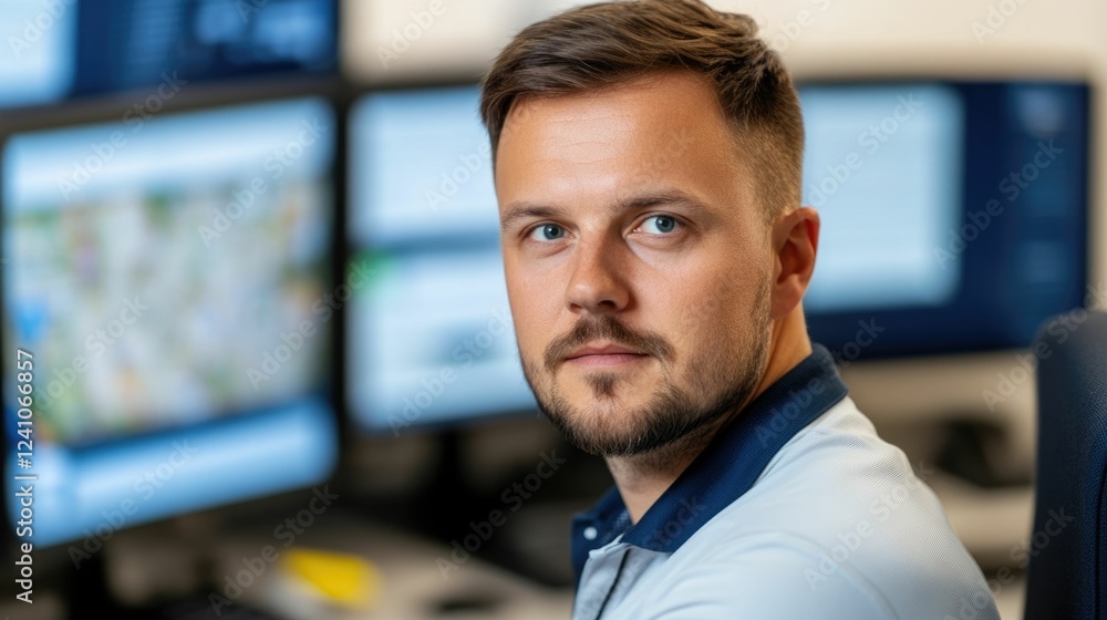 Poster fleet manager monitoring vehicle data and performance in office control room professional overseeing