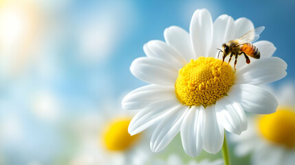 Obraz premium A close-up of a bee collecting nectar from a vibrant daisy under a clear blue sky, showcasing nature's beauty.