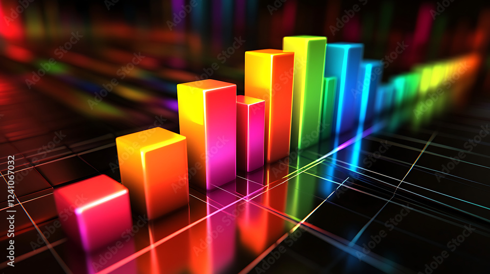 Poster a vibrant bar graph representing data trends, featuring colorful bars against a dark background, sym