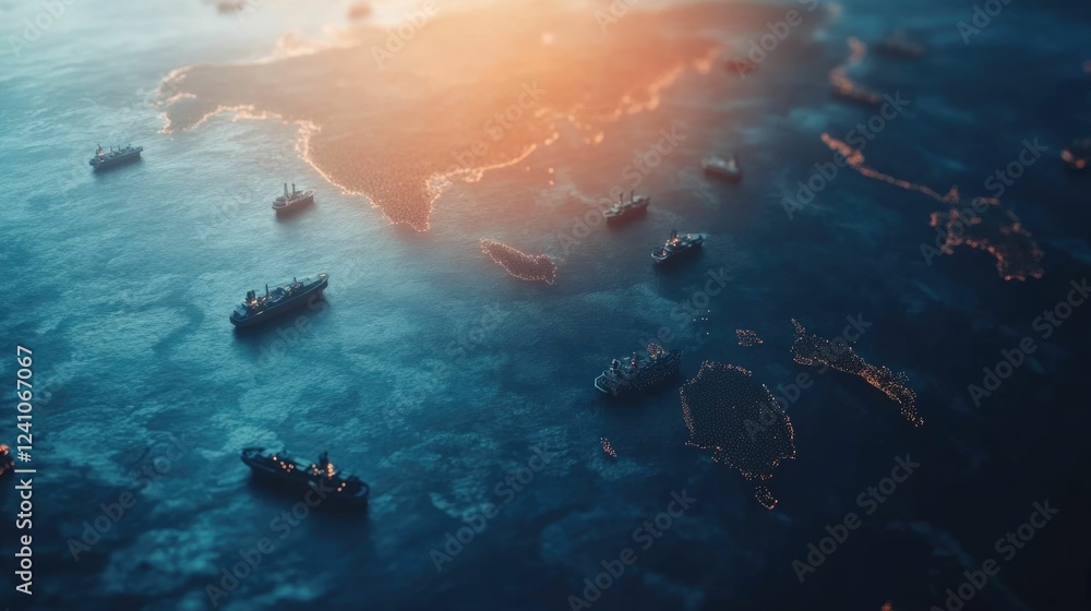 Poster aerial satellite view highlighting the intricate network and coordination of maritime fleets and glo