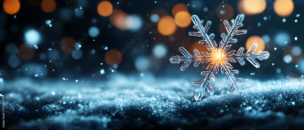 Poster a close-up of a delicate snowflake resting on soft snow, illuminated by warm bokeh lights in the bac