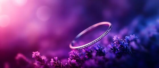 A close-up of a delicate ring resting gently amid vibrant flowers, radiating elegance and charm.