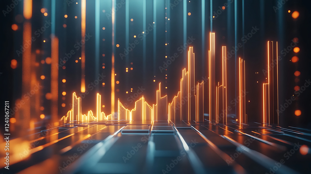 Poster a vibrant digital visualization featuring glowing bars and lines, representing data trends and analy