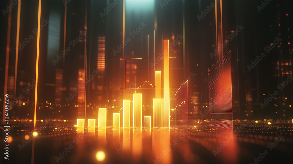 Poster a futuristic cityscape with glowing bar graphs and bright lights, symbolizing growth and data analyt