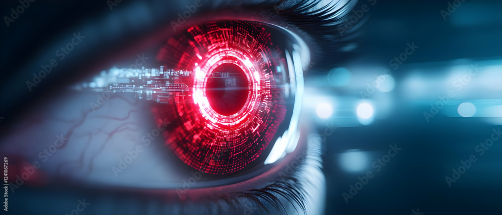 Poster a close-up of a futuristic eye with a glowing red design, symbolizing advanced technology and cybern