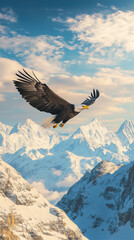 Fototapeta premium Eagle in Flight Over Snowy Peaks at Sunset