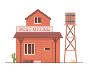 Post office facade, isolated exterior of wild west building. Vector flat cartoon mailing service front view. Landscape with cactus and prairie grass, tower with water tank barrel, typical architecture