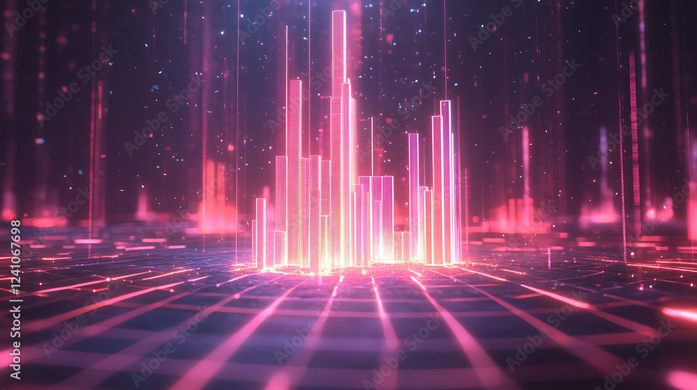 Aufkleber a vibrant digital landscape featuring glowing bars on a grid, representing sound waves or data visua