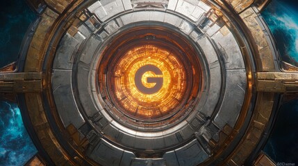 Futuristic Science Fiction Portal with Glowing Orange Center in Space Background