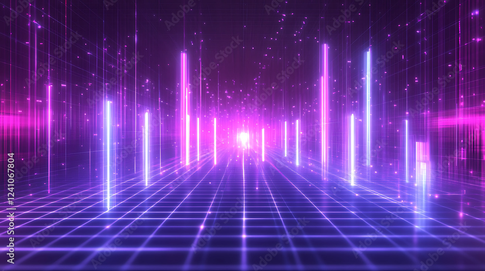 Poster a vibrant, futuristic scene featuring glowing vertical lines and a grid pattern, evoking a sense of 