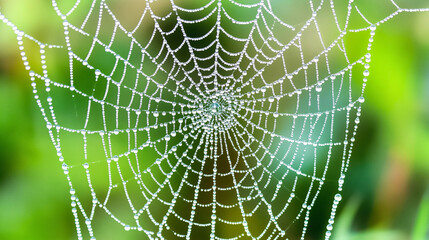 Fototapeta premium Delicate Spider Web with Dew Drops in Early Morning Sunlight Macro Detail